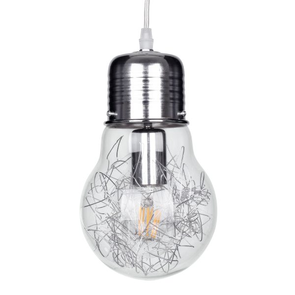 GloboStar® LAMP 01676 Μοντέρνο Κρεμαστό Φωτιστικό Οροφής Μονόφωτο Ασημί Νίκελ Μεταλλικό Διάφανο Γυαλί Φ15 x Υ27cm